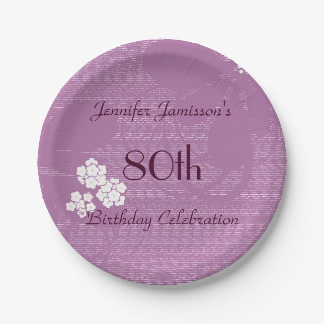 Purple Floral Paper Plates, 80th Birthday Party Plate (Front)