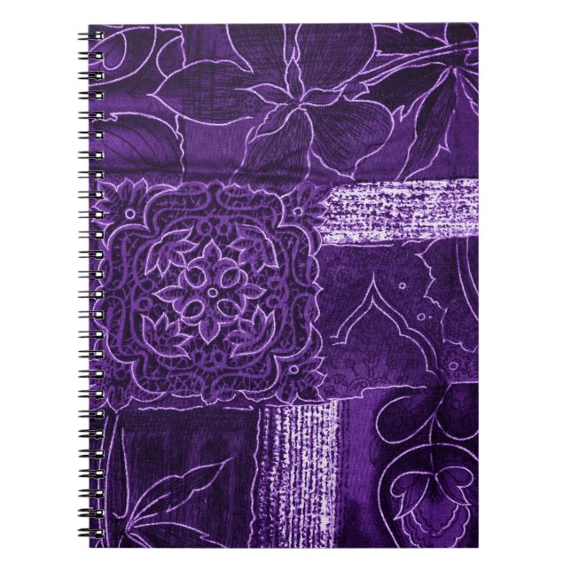 Purple Floral Patchwork Fabric Spiral Notebook (Front)