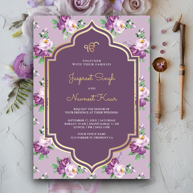 Purple Floral Pattern Anand Karaj Sikh Wedding Invitation (Creator Uploaded)