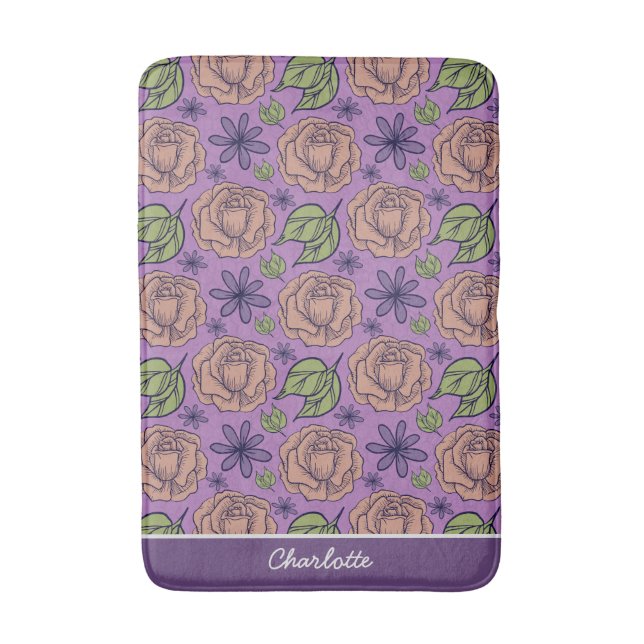 Purple floral pattern big blossom with name  bath mat (Front Vertical)
