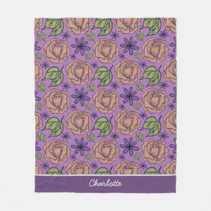 Purple floral pattern big blossom with name fleece blanket