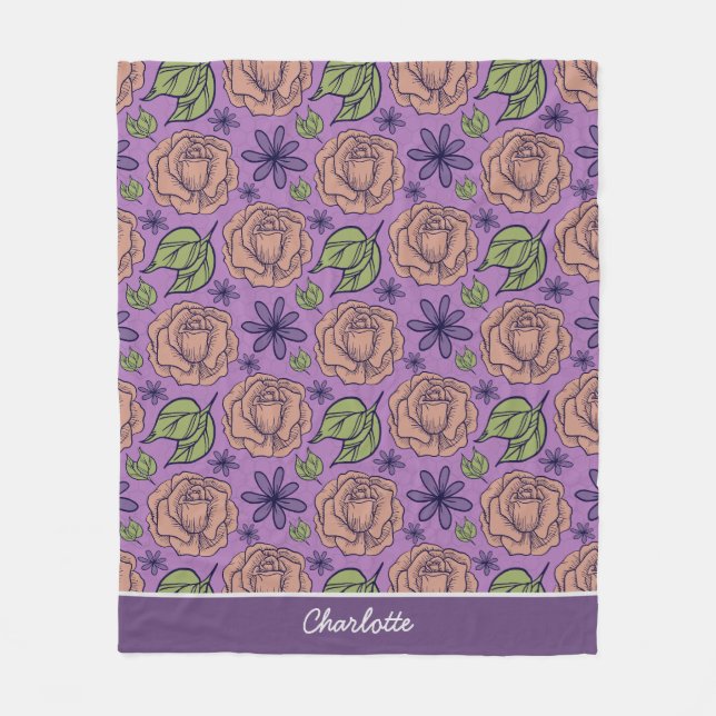 Purple floral pattern big blossom with name fleece blanket (Front)