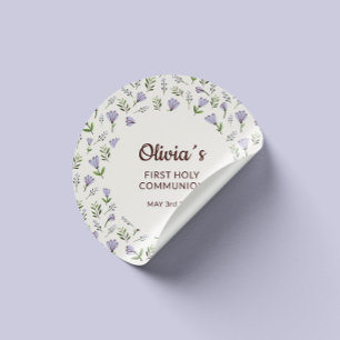 Purple Floral Pattern First Communion Classic Round Sticker