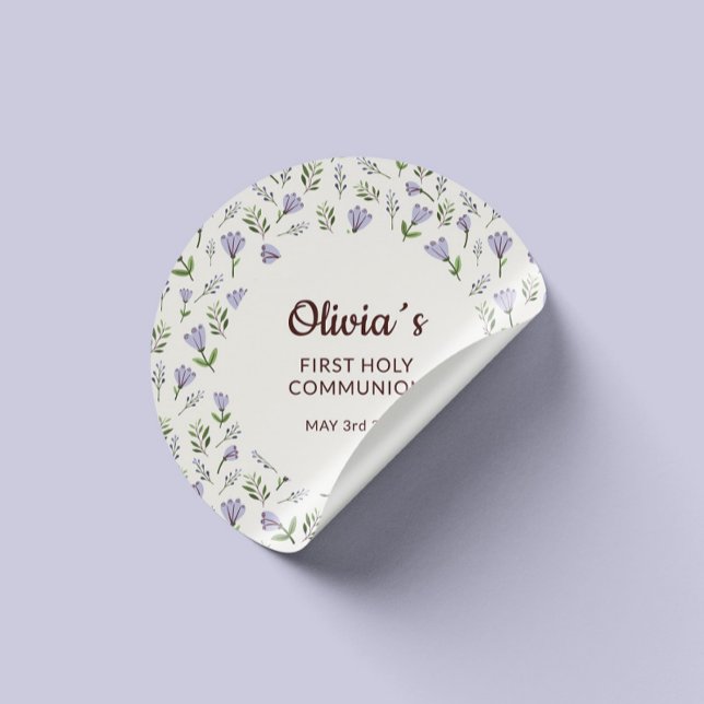 Purple Floral Pattern First Communion Classic Round Sticker (First communion sticker in action – ideal for party bags, boxes, and gifts)