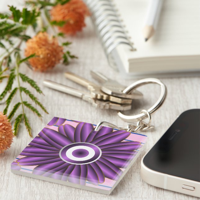 Purple Floral Pattern Modern Abstract Flower Desig Key Ring (Front Right)