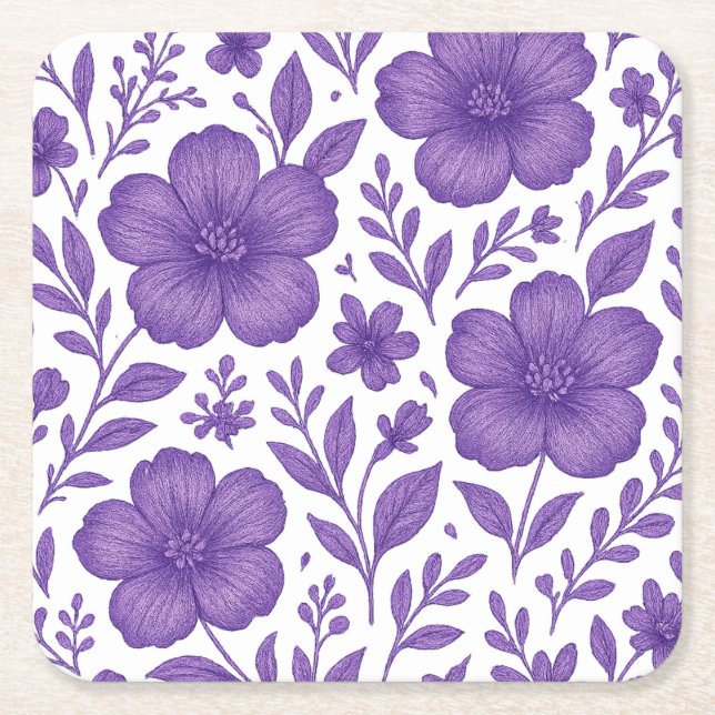 purple floral pattern square paper coaster (Front)