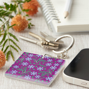 Purple Floral Pattern with Blue Flowers Key Ring