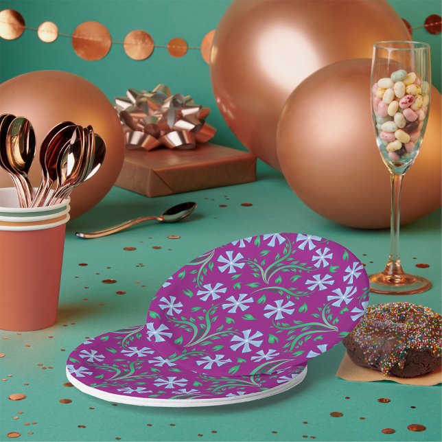 Purple Floral Pattern with Blue Flowers Paper Plate (Creator Uploaded)