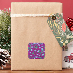 Purple Floral Pattern with Blue Flowers Square Sticker