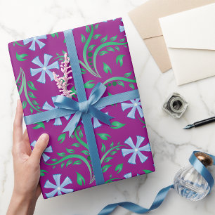 Purple Floral Pattern with Blue Flowers Wrapping Paper