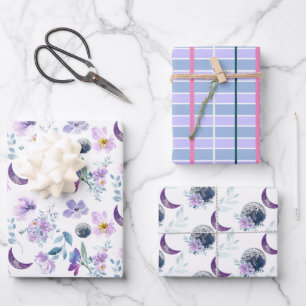 Purple Floral Pattern With Moon Wrapping Paper Sheet