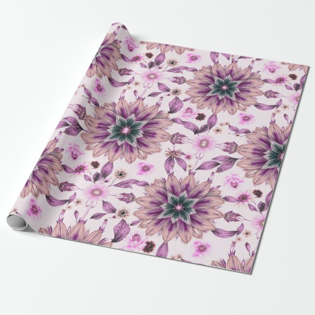 Purple Floral Pattern Wrapping Paper (Unrolled)