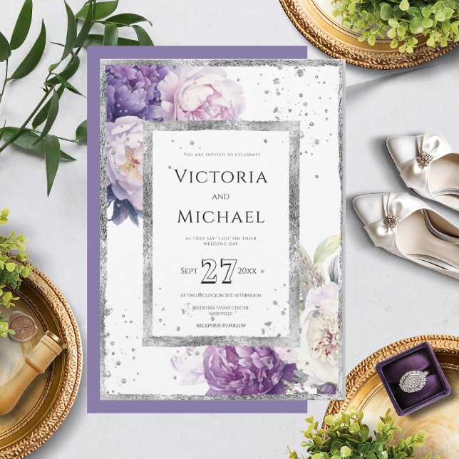 Purple Floral Peony Elegant Silver Wedding Invitation (Creator Uploaded)