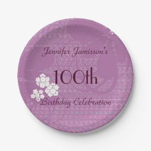 Purple Floral Personalised 100th Birthday Party Paper Plate