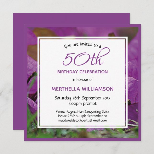 Purple Floral Personalised 50th Birthday Square Invitation (Front/Back)