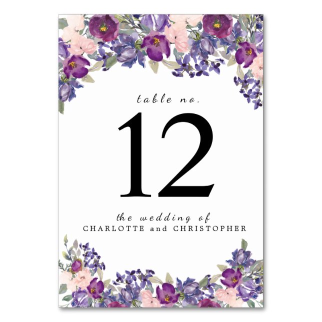 Purple  Floral Personalised Table Number Card (Front)