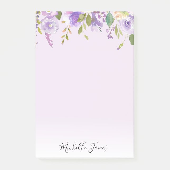 purple floral personalized post it sticky notes (Front)
