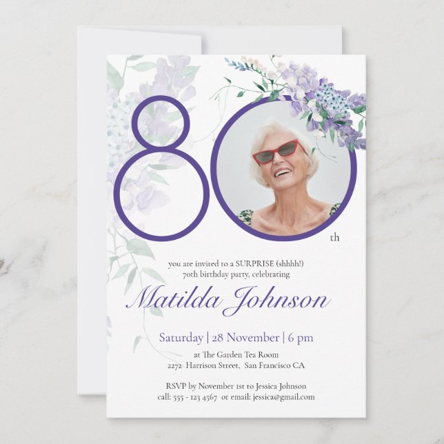 Purple Floral Photo 80th Birthday Surprise Party Invitation (Front)