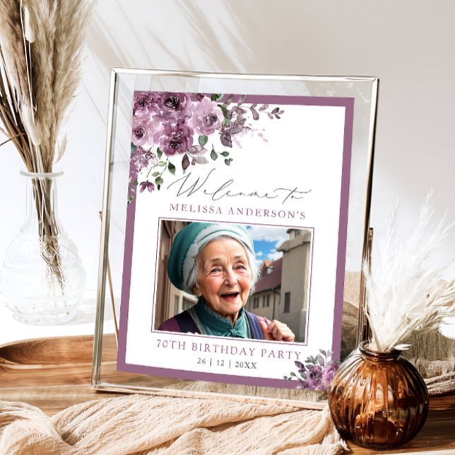 Purple Floral Photo Any Age Birthday Welcome Poster (Creator Uploaded)