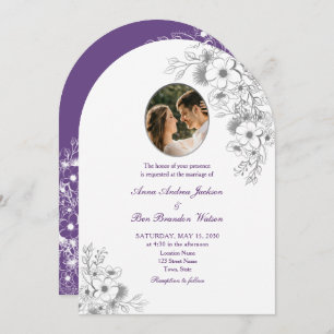 Purple Floral Photo Arched Wedding Invitation