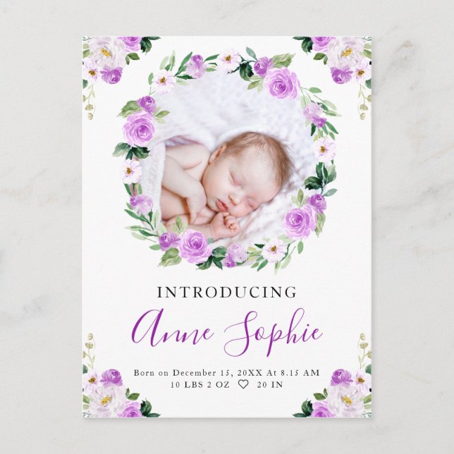 Purple Floral Photo Birth Announcement & Thank You Postcard (Front)
