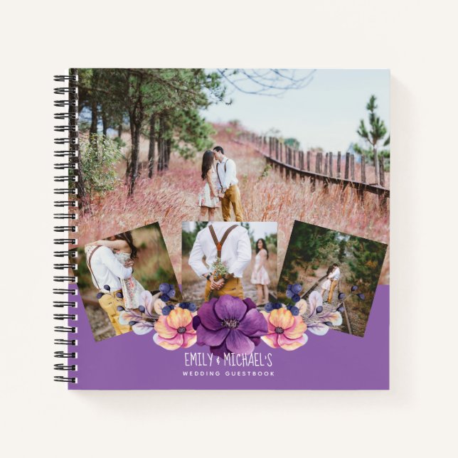 Purple Floral Photo Collage Wedding Guest Book (Front)