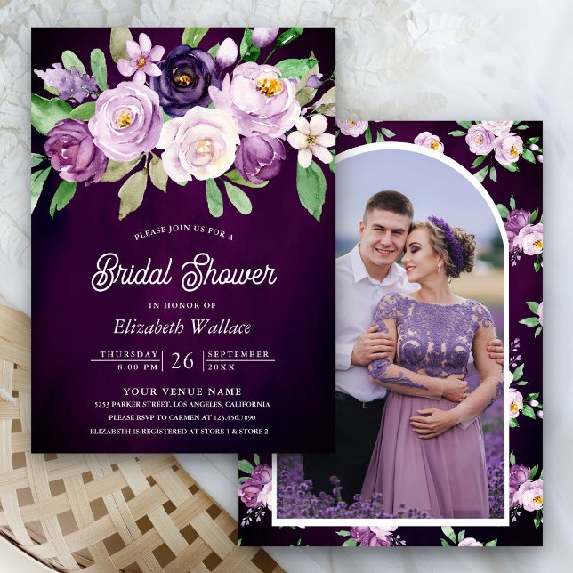 Purple Floral Photo Dark Moody Bridal Shower Invitation (Creator Uploaded)