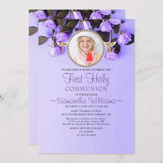 Purple Floral Photo First Communion Invitation (Front/Back)