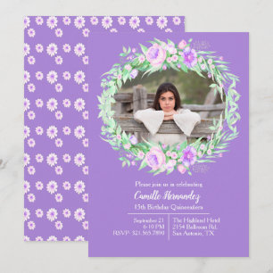 Purple Floral Photo Frame Quinceañera Invitation
