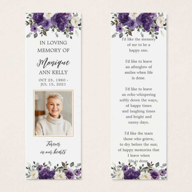 Purple Floral Photo Funeral Memorial Bookmark (Front & Back)