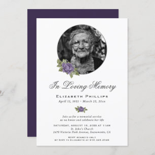Purple Floral Photo Memorial Service Invitation