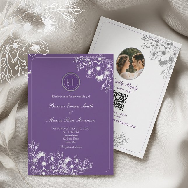 Purple Floral Photo QR Code Wedding Invitation (Creator Uploaded)