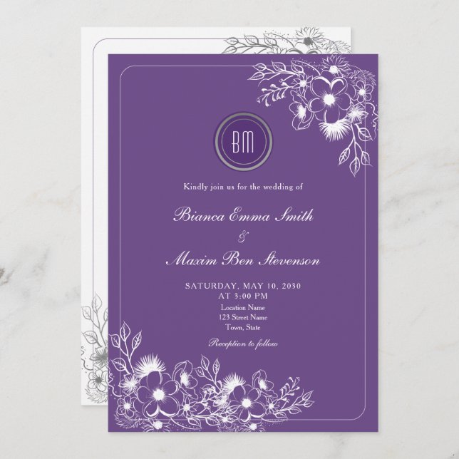 Purple Floral Photo QR Code Wedding Invitation (Front/Back)