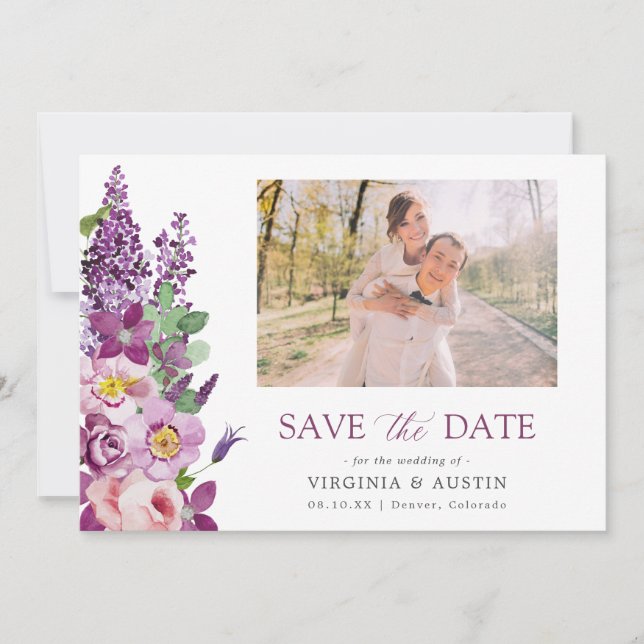 Purple Floral Photo Save The Date (Front)