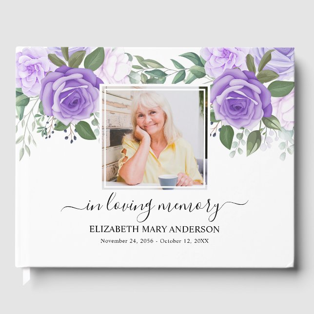 Purple Floral Photo Sympathy Funeral Watercolor Guest Book (Front)