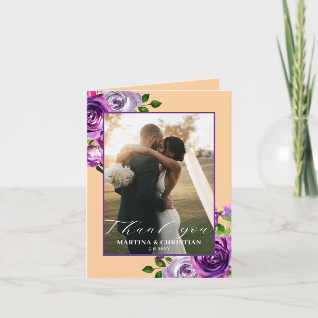 Purple Floral Photo Wedding Folded  Thank You Card (Front)