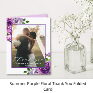 Purple Floral Photo Wedding Folded Thank You Card