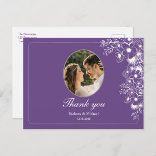 Purple Floral Photo Wedding Thank You Postcard