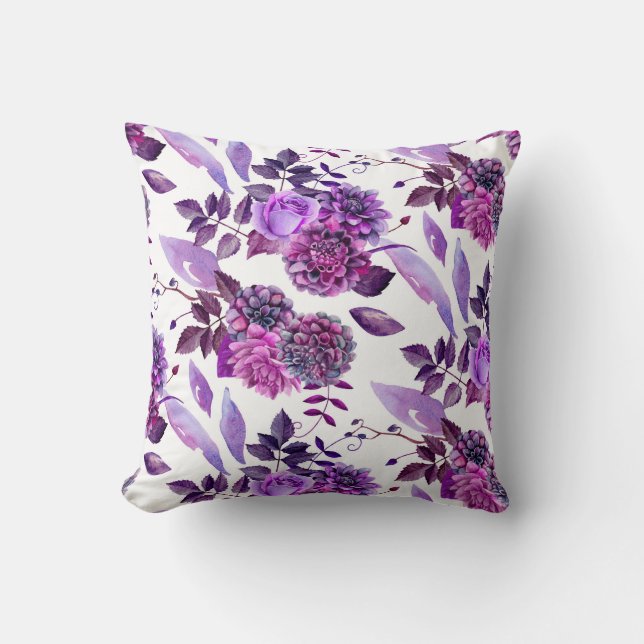 Purple floral pillow. Watercolor violet flowers Cushion (Front)