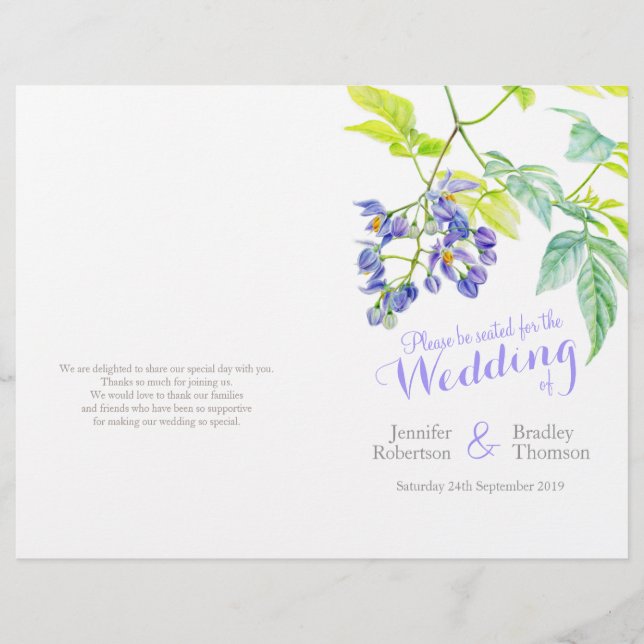 Purple floral potato vine flowers wedding program (Front)