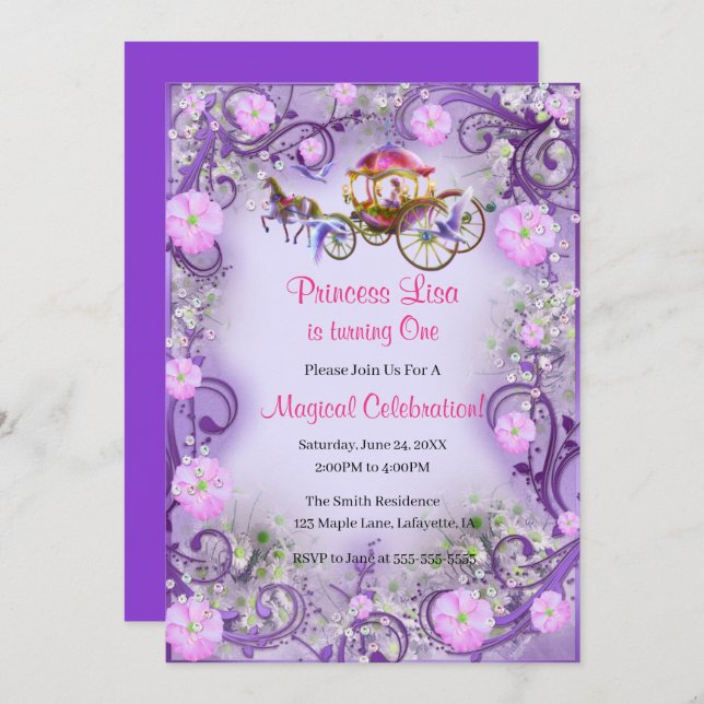 Purple Floral Princess Fairy Tail 1st Birthday Invitation (Front/Back)