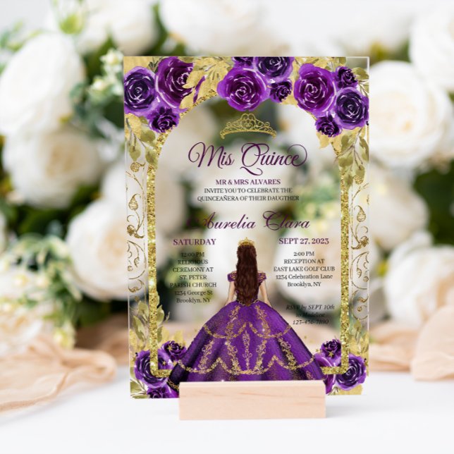 Purple Floral Princess Gold Arch Quinceanera Acrylic Invitations (Creator Uploaded)