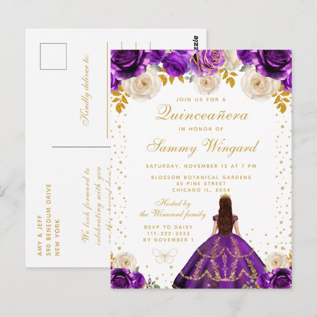 Purple Floral Princess Quinceañera Postcard (Front/Back)