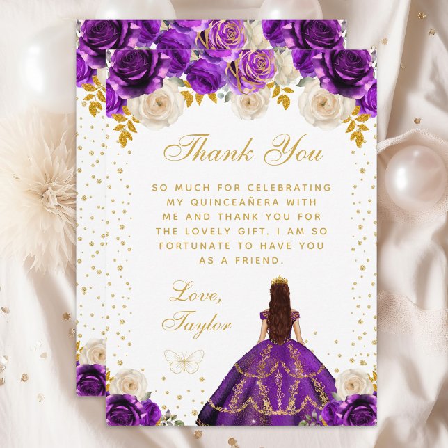 Purple Floral Princess Quinceañera Thank You Card (Creator Uploaded)