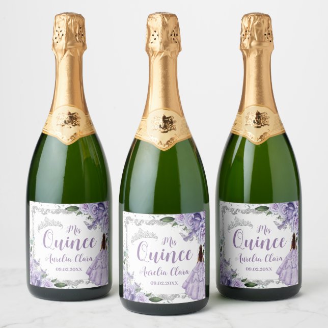 Purple Floral Princess Silver Quinceañera 16 15 Sparkling Wine Label (Bottles)