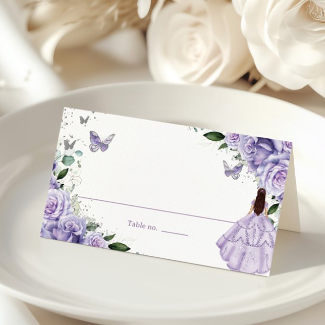 Purple Floral Princess Silver Quinceanera XV 16 Place Card (Creator Uploaded)