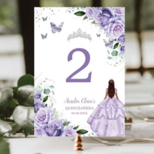 Purple Floral Princess Silver Quinceañera XV 16 Table Number