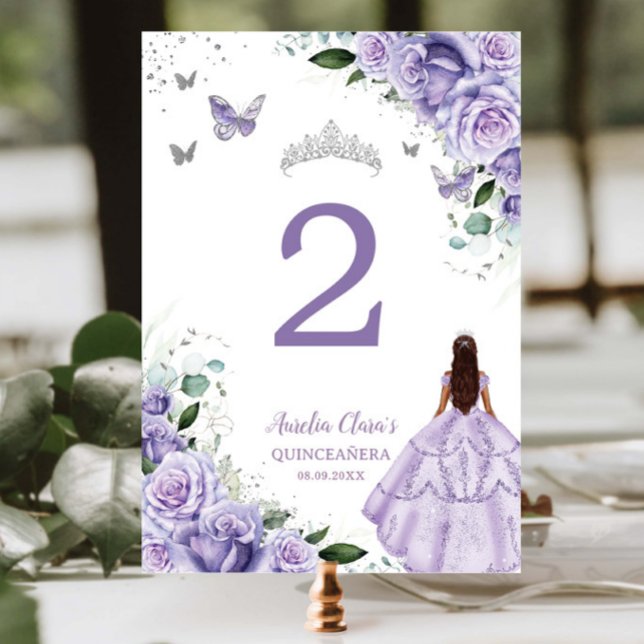 Purple Floral Princess Silver Quinceañera XV 16 Table Number (Creator Uploaded)