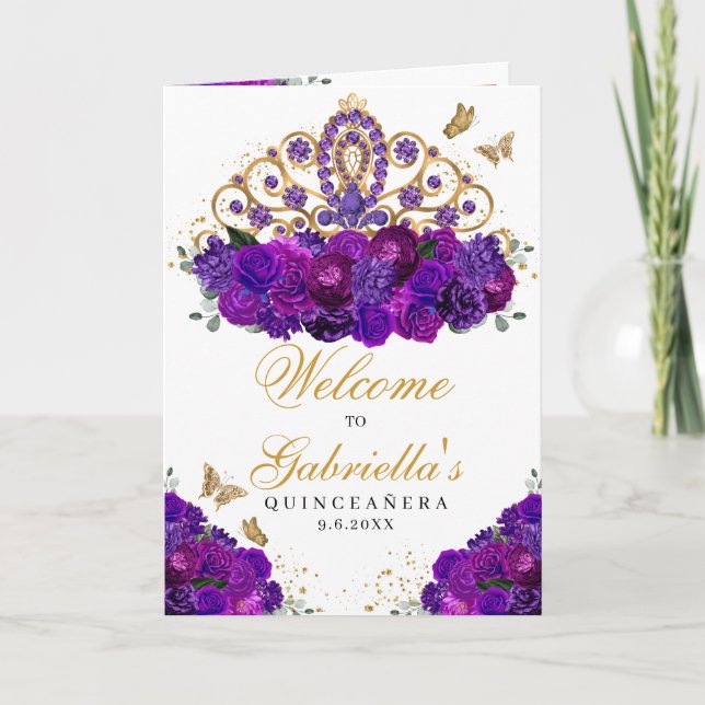 Purple Floral Princess Tiara Quinceanera Program Invitation (Front)