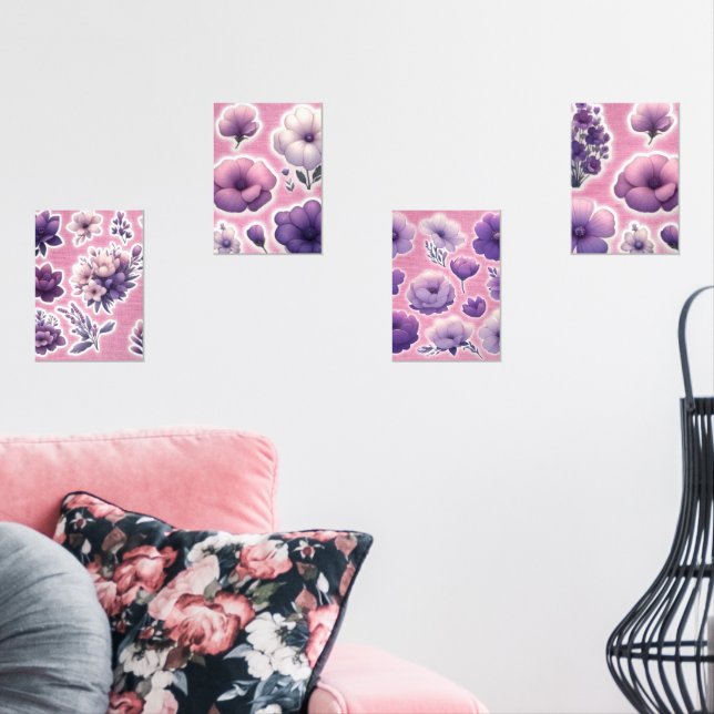 Purple Floral Print Set – Cute Pastel Flower Wall  (Livingroom)